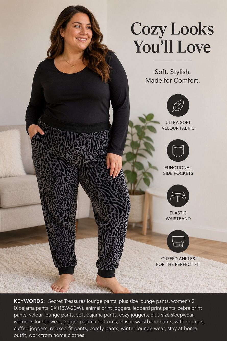 Secret Treasures Plus Size 2X Gray Black Animal Print Velour Pants Pockets